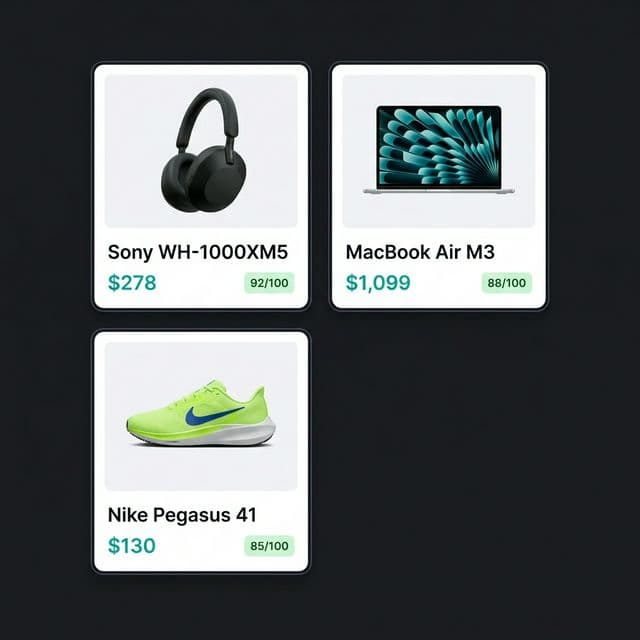 Wallie search results showing product cards with scores and prices